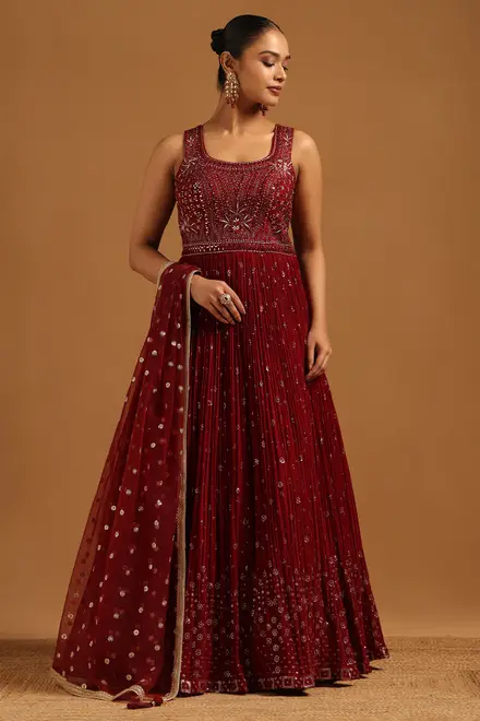 Maroon Georgette Floral Zari Embroidered Gown With Mirror & Stone